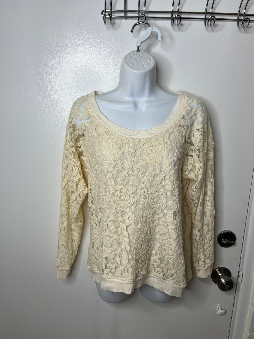RXB Women's Floral Mesh Lace Long Sleeve Crew Neck Top Ivory ~ Size M